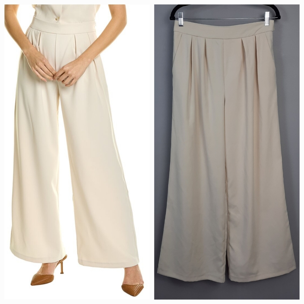 Avec Les Filles Cream High Rise Pleated Wide Leg Pants size 6
